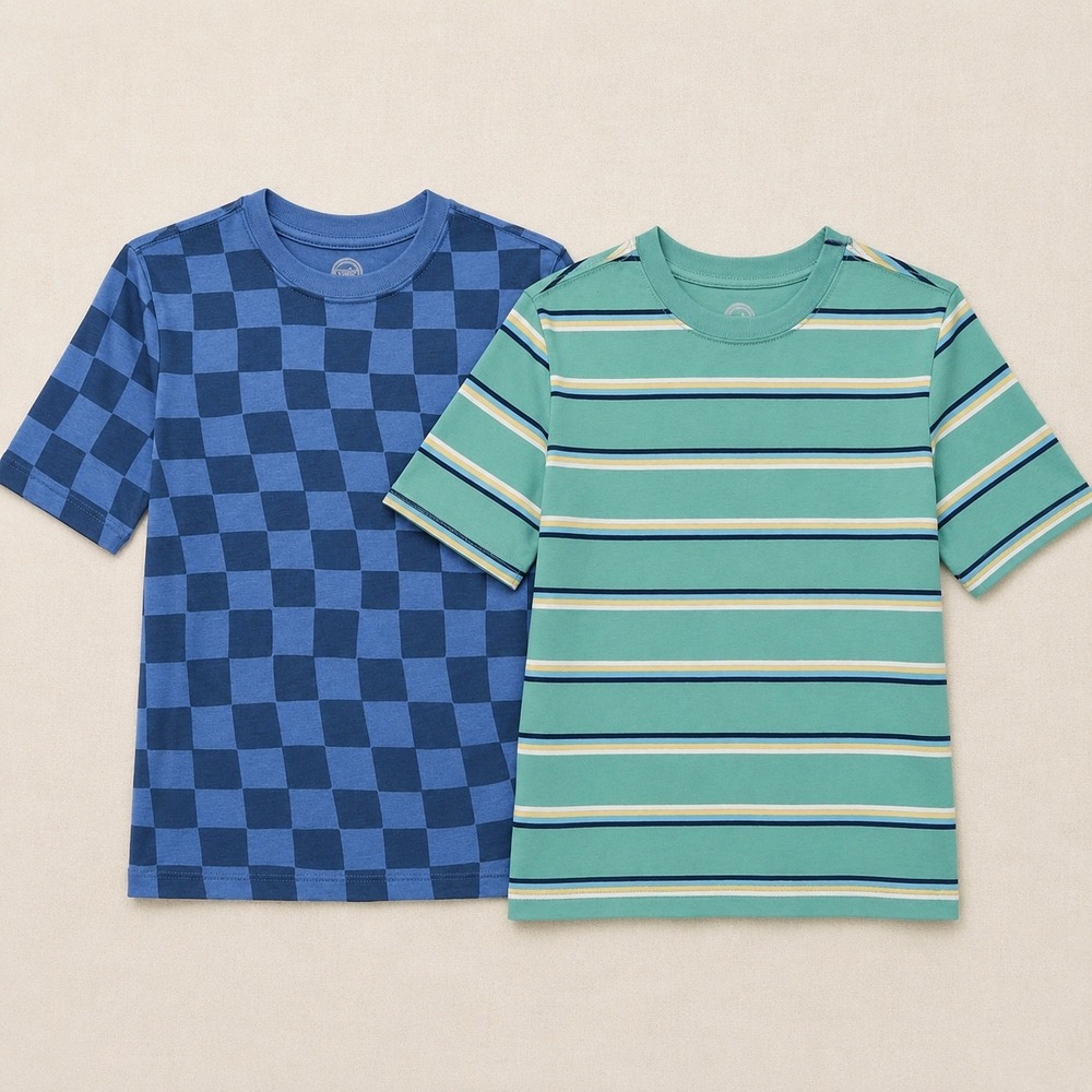Wonder Nation Boys XL 14-16 Husky T-Shirt 2-Pack Blue Checkerboard Green Striped
